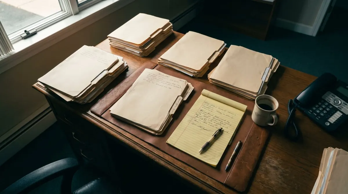 Paper case files stacked on a desk mid-work