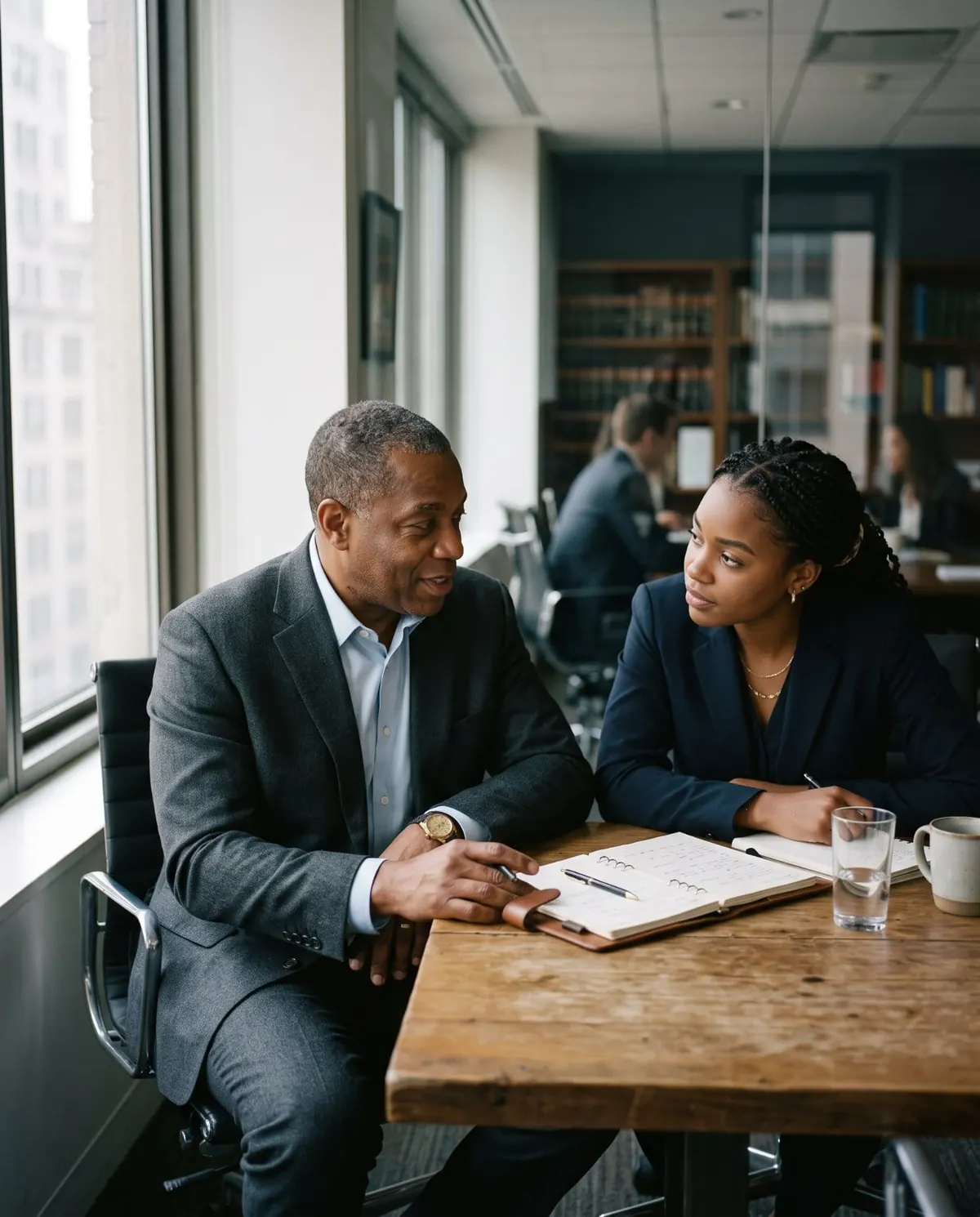 Two attorneys in conversation, one mentoring the other