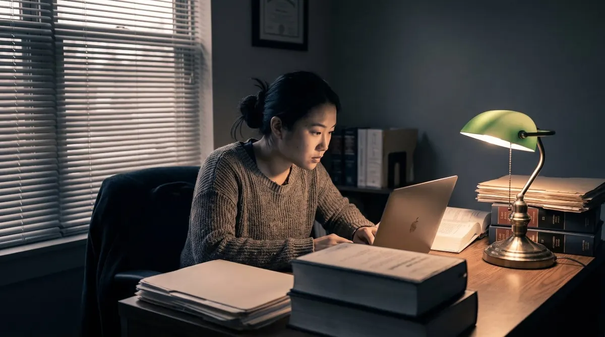 A recent law graduate working at a desk